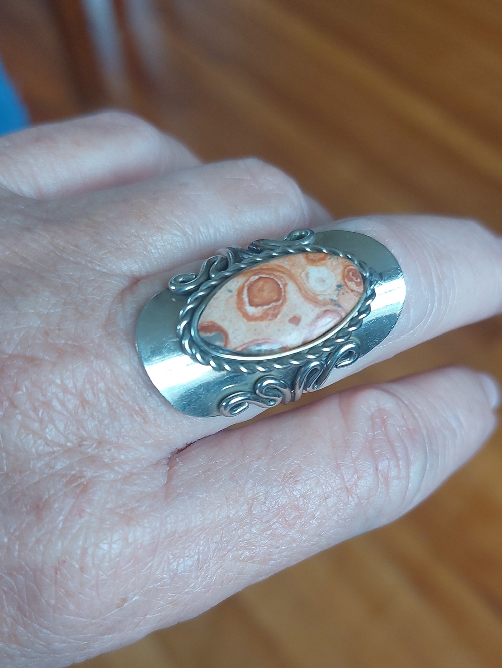 Adjustable Vintage Pink Crazy Lace Agate Statement Ring Silver Boho